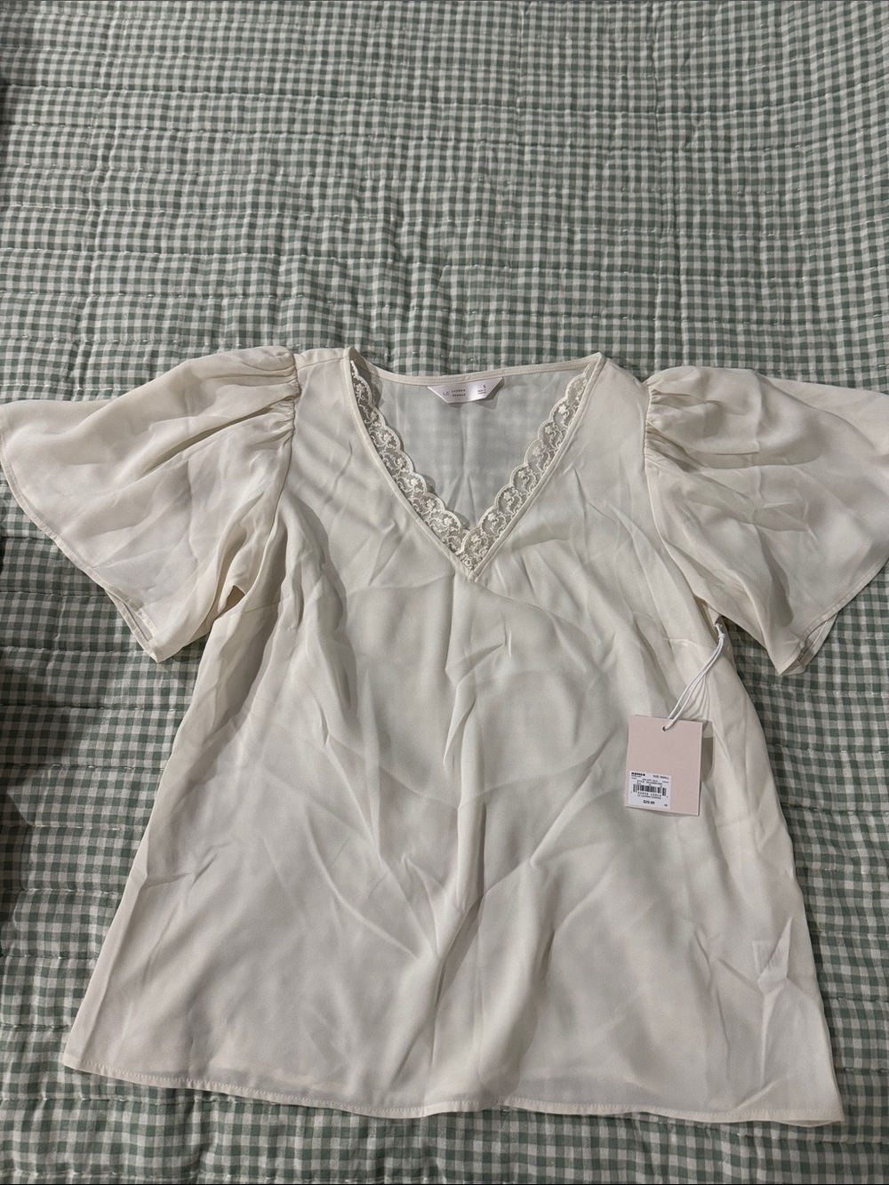 LC Lauren Conrad Cream V-Neck Lace-Trim Puff Sleeve Blouse